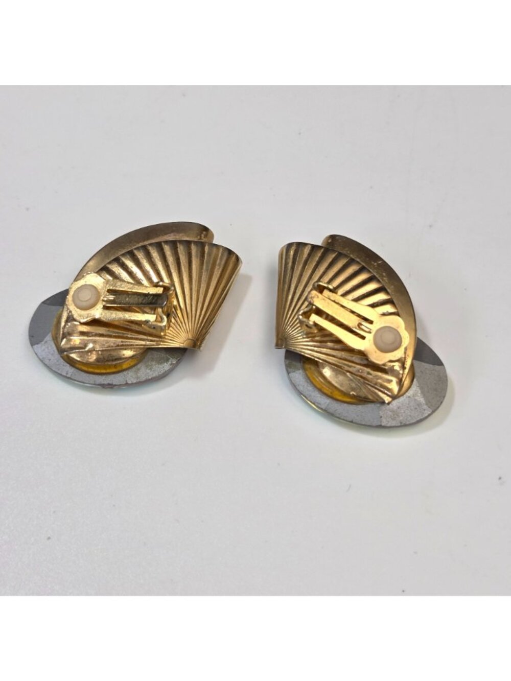 Vintage Gold Tone Clip-On Earrings with Large Aurora Borealis Oval Crystals - Picture 2 of 4